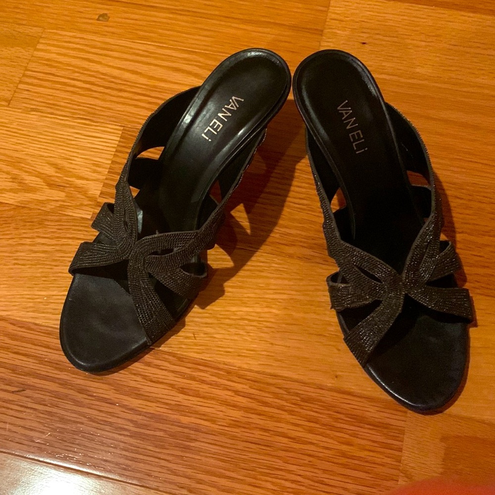 Vaneli Black Strappy Bow Heel Sandals